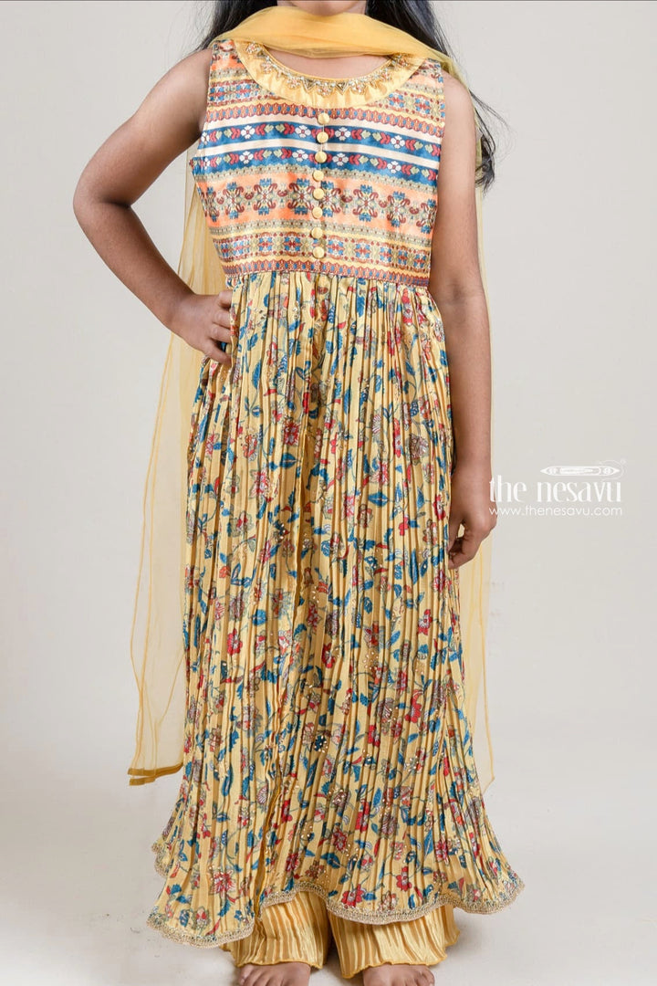 The Nesavu Girls Sharara / Plazo Set Dazzling Floral Printed Pleated Yellow Tunic Top N Palazzo Pant For Girls Nesavu Trendy Kurti With Palazzo Pant For Girls | Premium Kurti And Palazzo Suit | The Nesavu