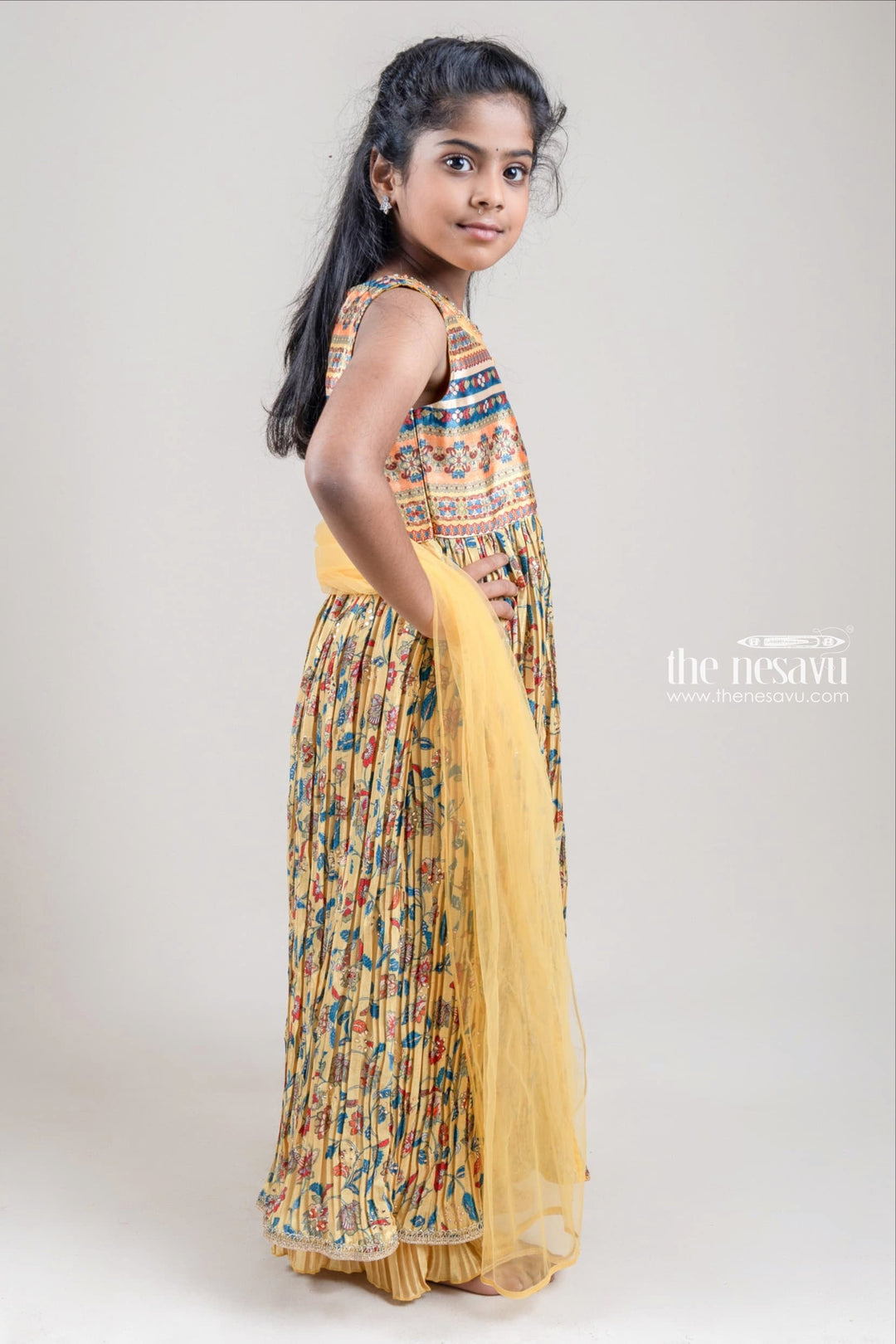 The Nesavu Girls Sharara / Plazo Set Dazzling Floral Printed Pleated Yellow Tunic Top N Palazzo Pant For Girls Nesavu Trendy Kurti With Palazzo Pant For Girls | Premium Kurti And Palazzo Suit | The Nesavu