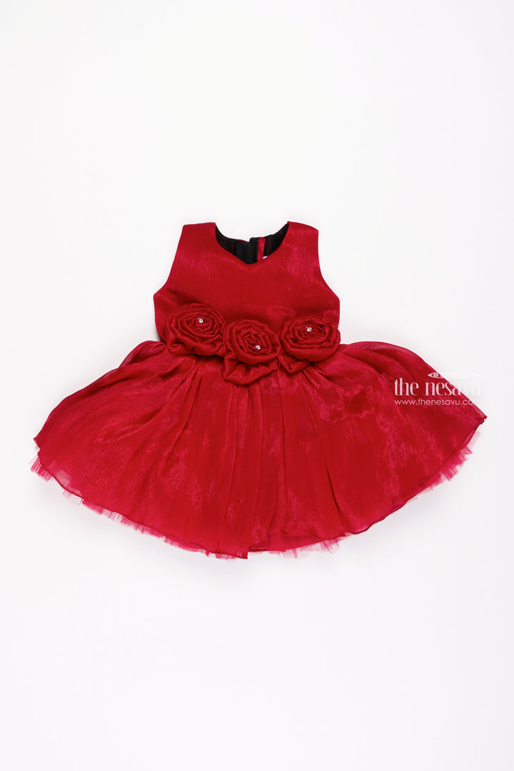 Deep Rose Romance: Cute Fabric Flower Applique on Pleated Organza Party Frock