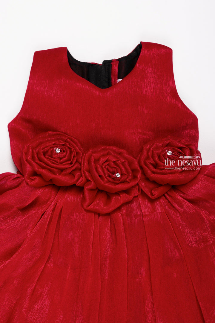 Deep Rose Romance: Cute Fabric Flower Applique on Pleated Organza Party Frock