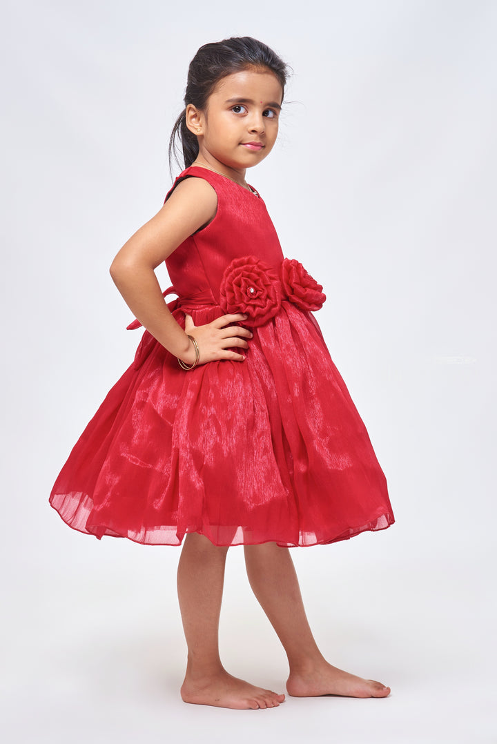 Deep Rose Romance: Cute Fabric Flower Applique on Pleated Organza Party Frock