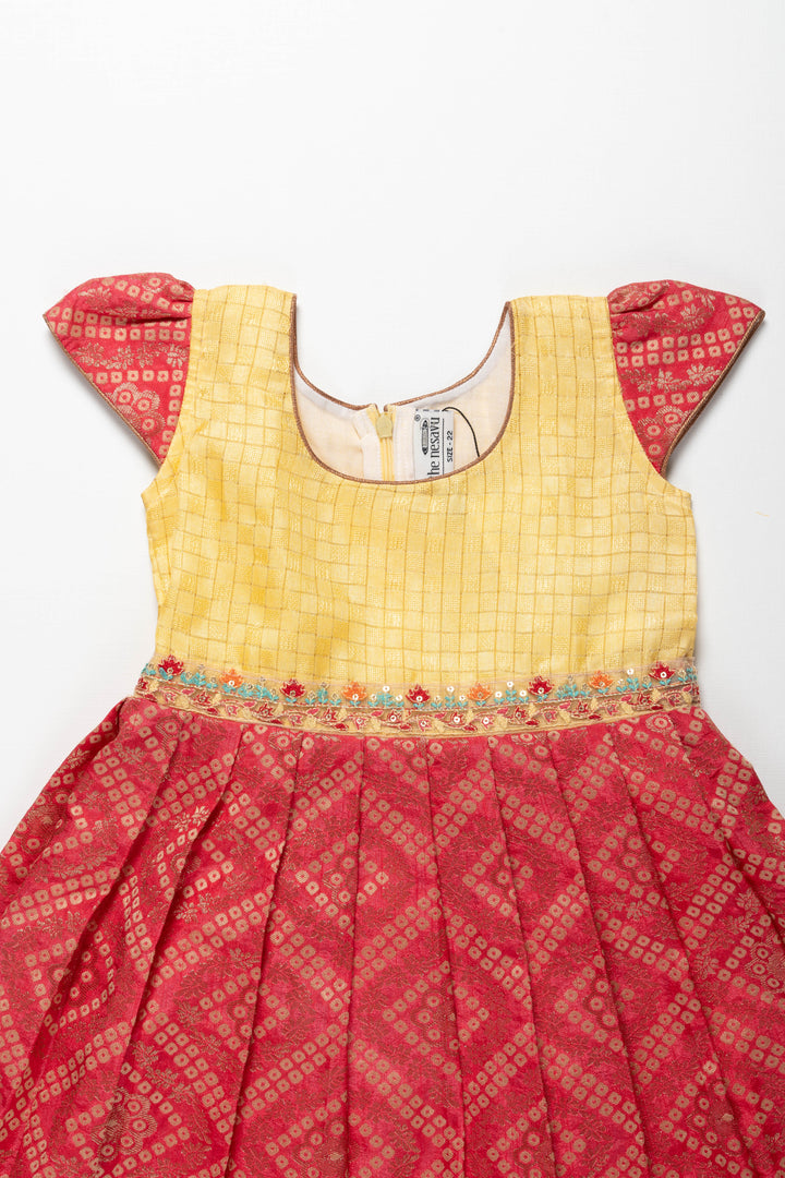 The Nesavu Silk Embroidered Frock Delightful Yellow and Red Silk Frock for Girls - Charming Traditional Dress Nesavu 22 (4Y) / Red SF665-22 Girls Yellow and Red Silk Frock | Traditional Ethnic Wear | Festive Attire | The Nesavu