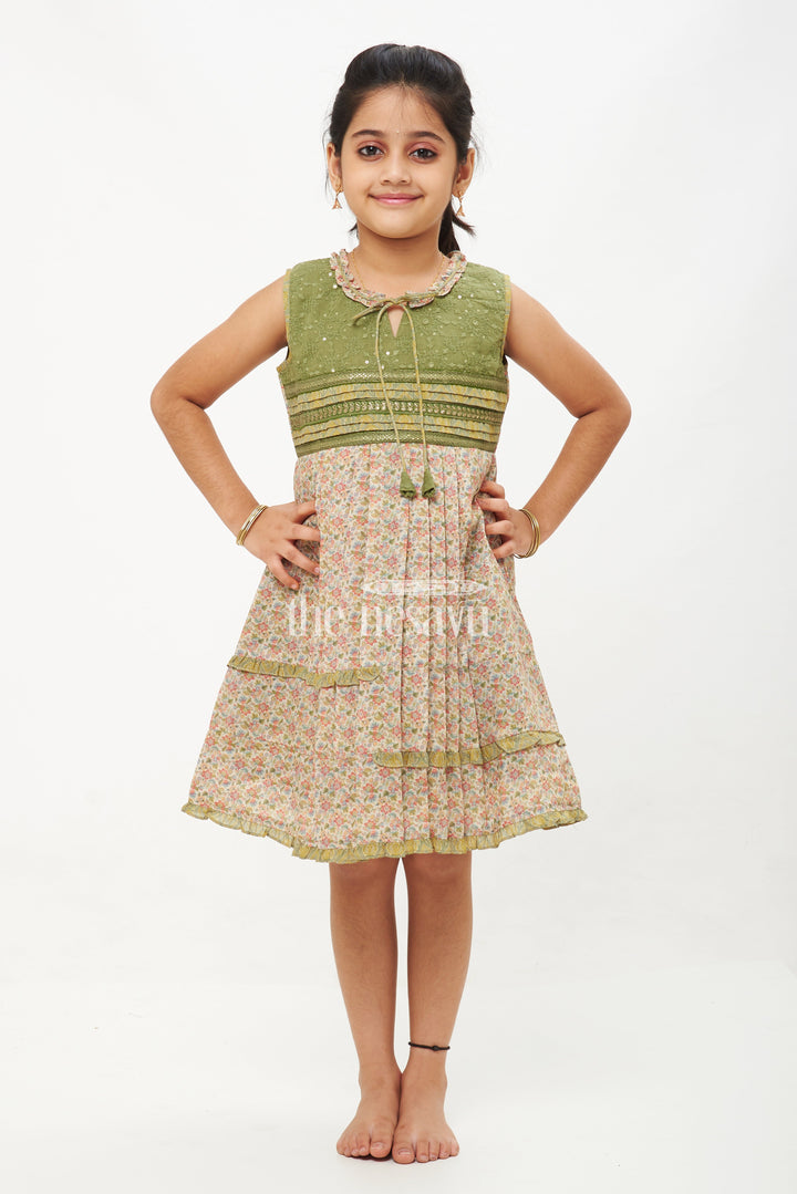 The Nesavu Girls Cotton Frock Designer A-Line Cotton Frock with Floral Print and Embroidered Yoke Nesavu 22 (4Y) / Green GFC1354A-22 Designer A-Line Cotton Frock with Floral Print and Embroidery