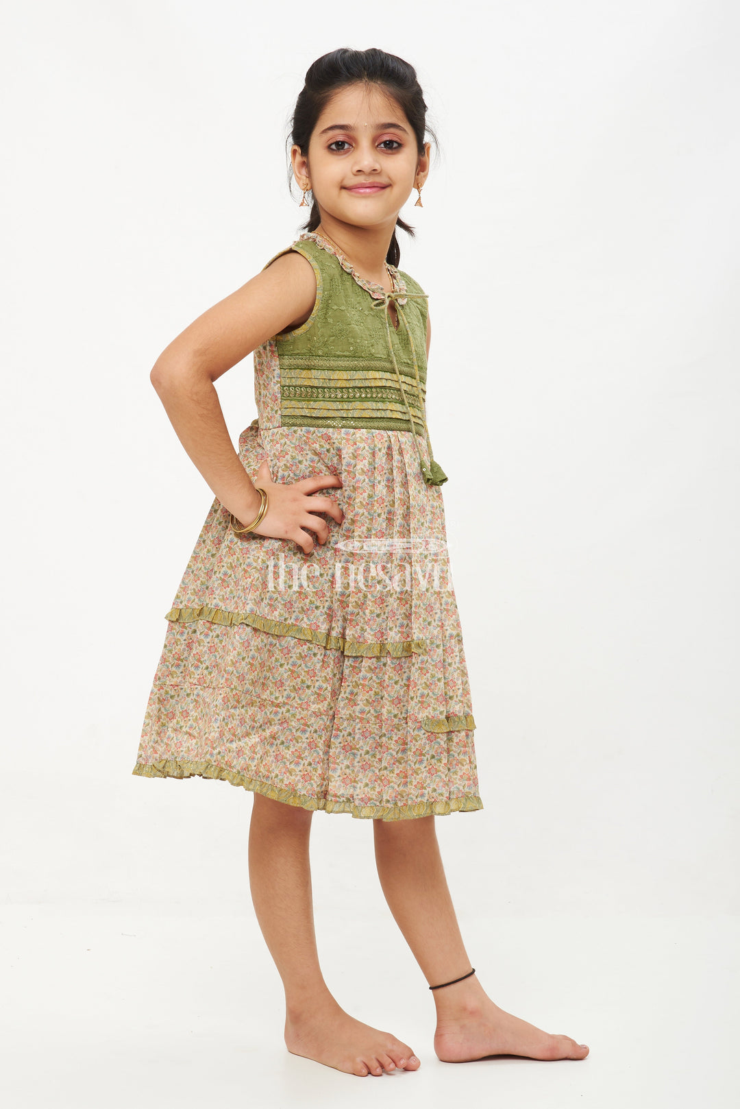 The Nesavu Girls Cotton Frock Designer A-Line Cotton Frock with Floral Print and Embroidered Yoke Nesavu Designer A-Line Cotton Frock with Floral Print and Embroidery