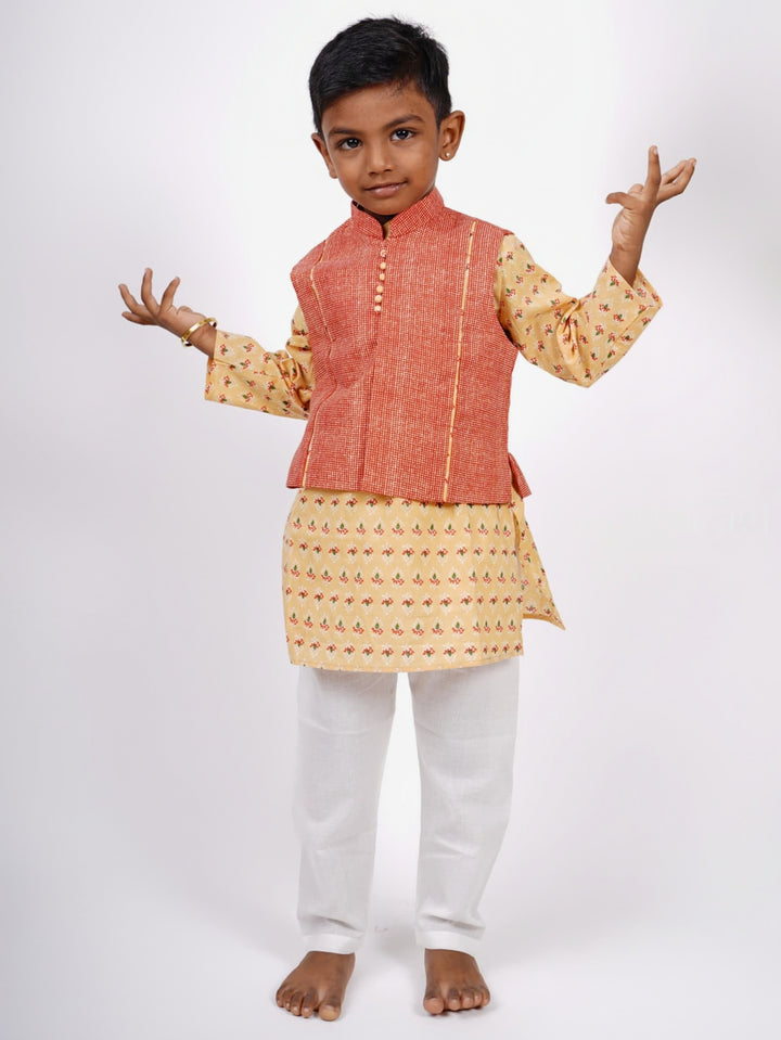 Designer Block Printed Kurta and Jacket with Pant Suit for Baby Boys