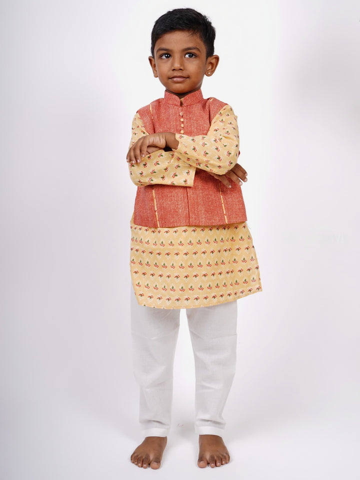 Designer Block Printed Kurta and Jacket with Pant Suit for Baby Boys