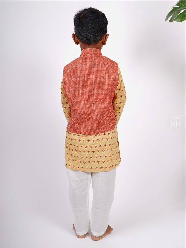 The Nesavu Boys Jacket Sets Designer Block Printed Kurta and Jacket with Pant Suit for Baby Boys Nesavu Buy Latest Cotton Collection | Boys Kurta Design Ideas | The Nesavu