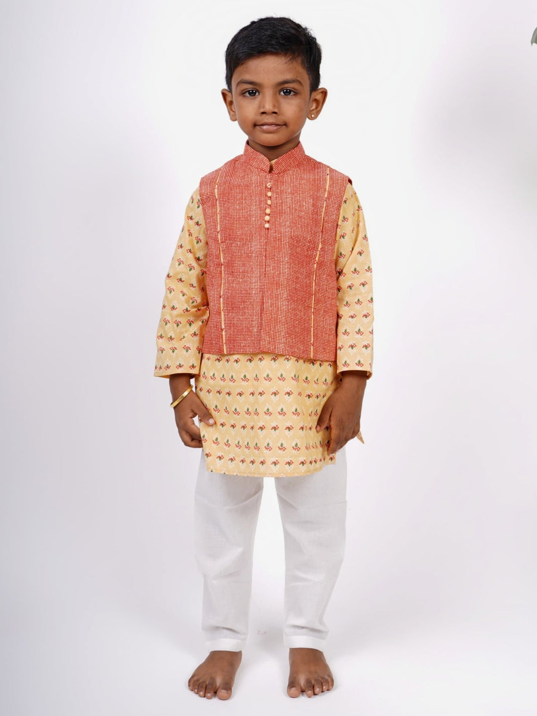 The Nesavu Boys Jacket Sets Designer Block Printed Kurta and Jacket with Pant Suit for Baby Boys Nesavu Buy Latest Cotton Collection | Boys Kurta Design Ideas | The Nesavu