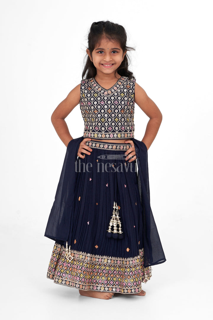 The Nesavu Girls Lehenga Choli Designer Embroidered Chinon Dark Blue Lehenga Choli for Girls with Intricate Detailing Nesavu Nesavu Dark Blue Designer Embroidered Chinon Lehenga Choli Girls Elegant Diwali Festive Wear