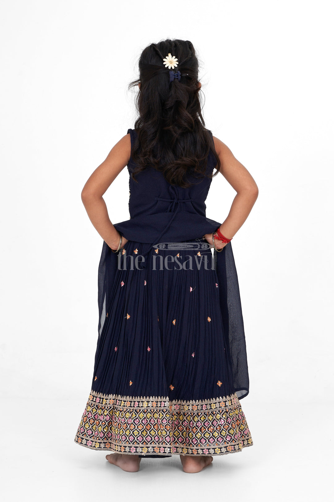 The Nesavu Girls Lehenga Choli Designer Embroidered Chinon Dark Blue Lehenga Choli for Girls with Intricate Detailing Nesavu Nesavu Dark Blue Designer Embroidered Chinon Lehenga Choli Girls Elegant Diwali Festive Wear