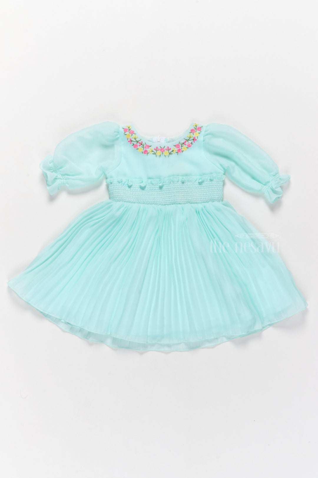 The Nesavu Girls Fancy Frock Designer Georgette Dress with Hand-Embroidered Floral Neckline for Girls Nesavu 16 (1Y) / Green GFC1508A-16 Nesavu Designer Mint Green Dress Embroidered Neckline Smocked Bodice