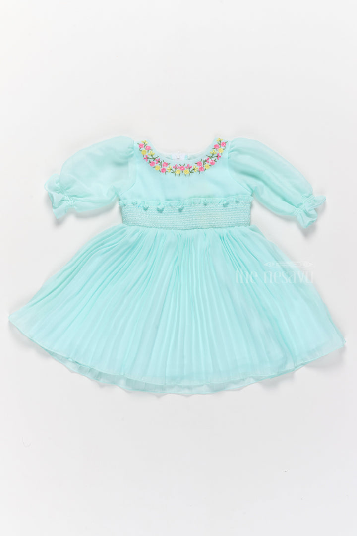 The Nesavu Girls Fancy Frock Designer Georgette Dress with Hand-Embroidered Floral Neckline for Girls Nesavu 16 (1Y) / Green GFC1508A-16 Nesavu Designer Mint Green Dress Embroidered Neckline Smocked Bodice