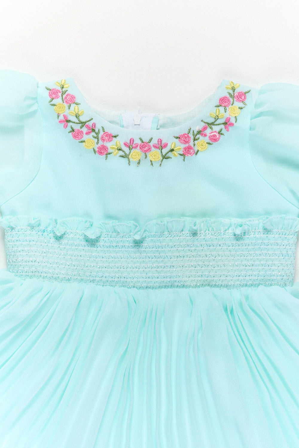 The Nesavu Girls Fancy Frock Designer Georgette Dress with Hand-Embroidered Floral Neckline for Girls Nesavu Nesavu Designer Mint Green Dress Embroidered Neckline Smocked Bodice