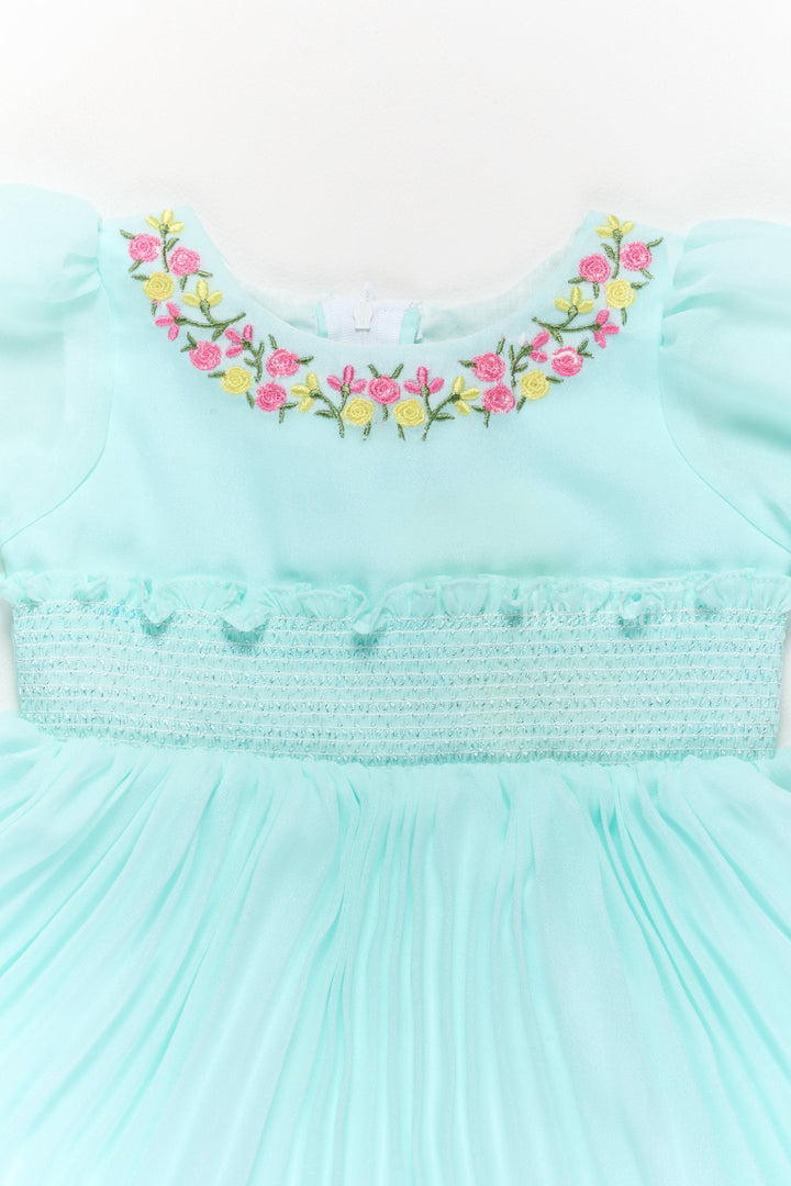 The Nesavu Girls Fancy Frock Designer Georgette Dress with Hand-Embroidered Floral Neckline for Girls Nesavu Nesavu Designer Mint Green Dress Embroidered Neckline Smocked Bodice