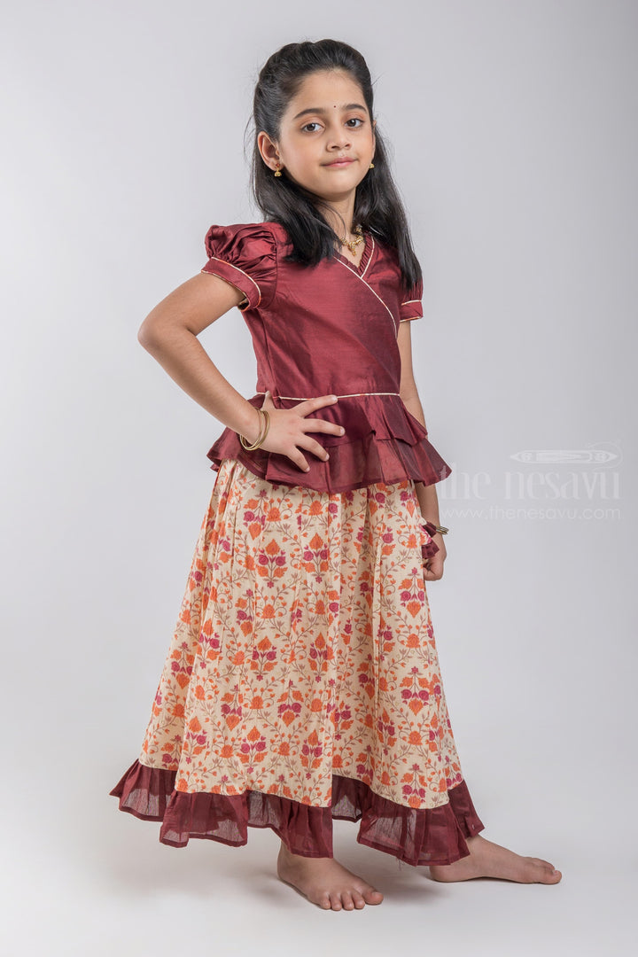 The Nesavu Pattu Pavadai Designer Pattu Pavadai for Baby Girls: Comfort & Style Combined Nesavu Brown Floral Printed Pattu Pavadai | Premium Silk Collection | The Nesavu