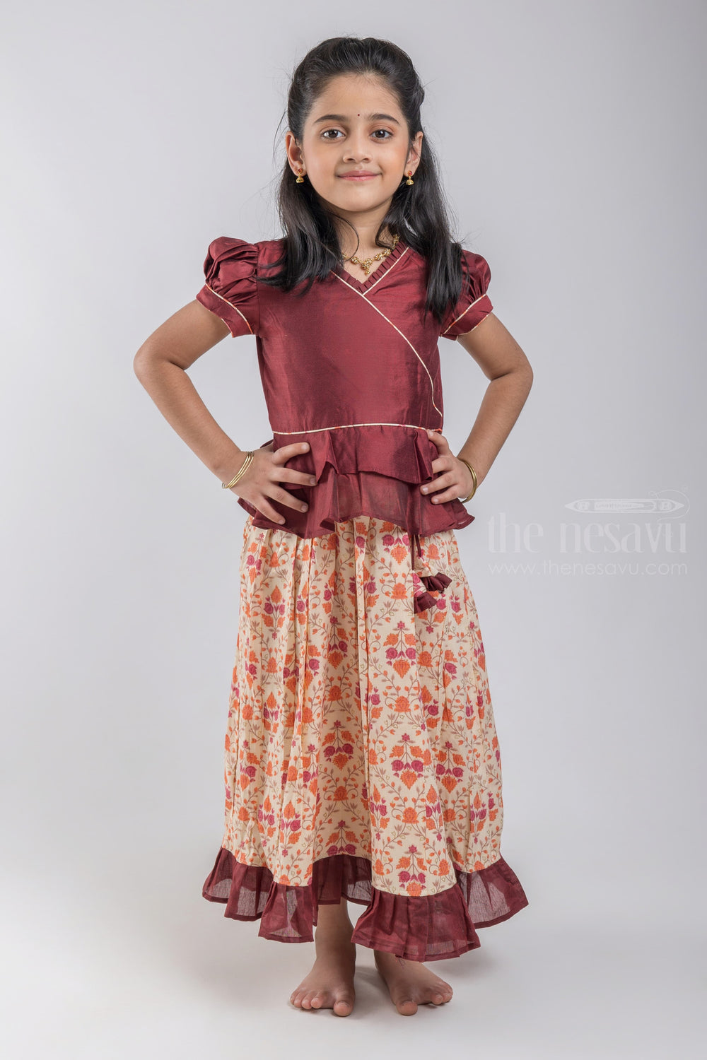 The Nesavu Pattu Pavadai Designer Pattu Pavadai for Baby Girls: Comfort & Style Combined Nesavu Brown Floral Printed Pattu Pavadai | Premium Silk Collection | The Nesavu