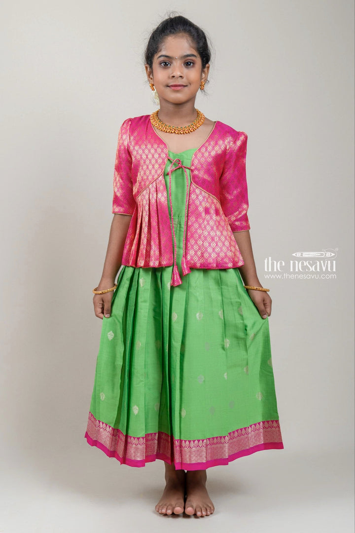 The Nesavu Silk Gown Designer Pink Silk Overcoat with Floral Zari Brocade and Green Korva Border Anarkali Dress Nesavu 14 (6M) / Green / Cotton Silk GA138B-14 Designer Pink Silk Overcoat and Green Korva Border Anarkali Dress | The Nesavu