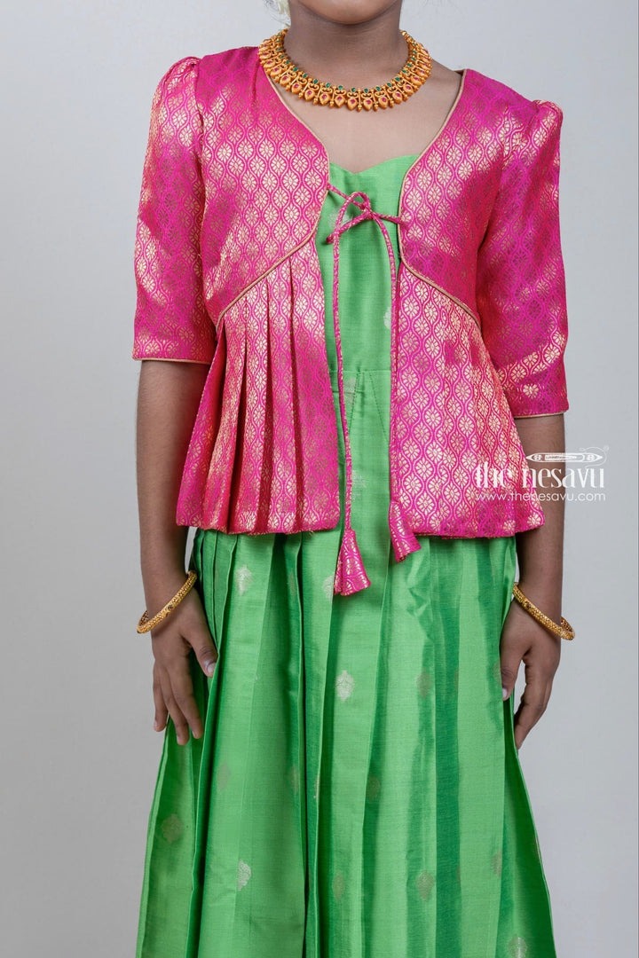 The Nesavu Silk Gown Designer Pink Silk Overcoat with Floral Zari Brocade and Green Korva Border Anarkali Dress Nesavu Designer Pink Silk Overcoat and Green Korva Border Anarkali Dress | The Nesavu