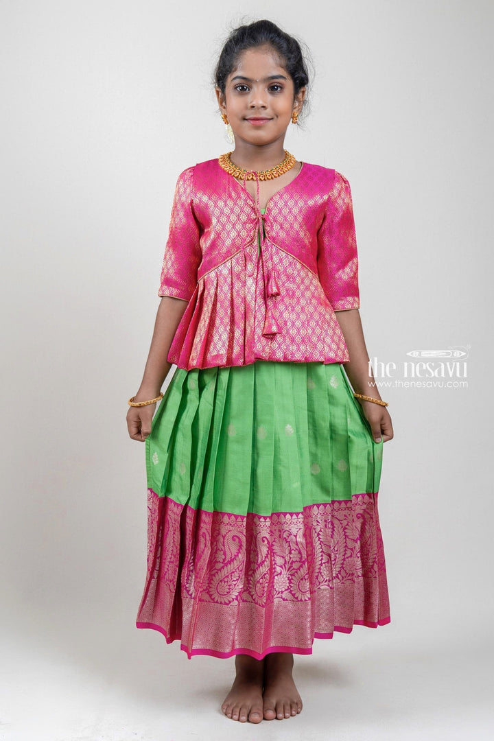 The Nesavu Silk Gown Designer Pink Silk Overcoat with Floral Zari Brocade and Pink Korva Border Anarkali Dress Nesavu 14 (6M) / Pink / Cotton Silk GA138A-14 Designer Pink Silk Overcoat and Pink Korva Border Anarkali Dress | The Nesavu