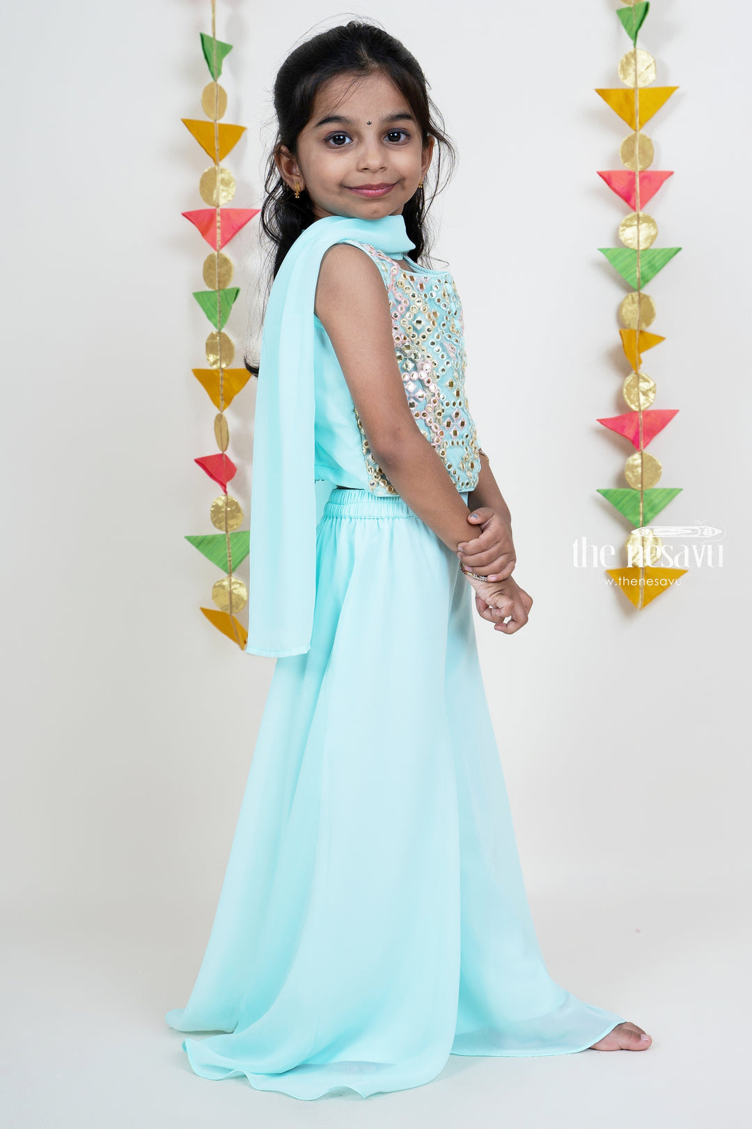 Designer Sky Blue Palazzo Suit For Girls Kids With Dupatta