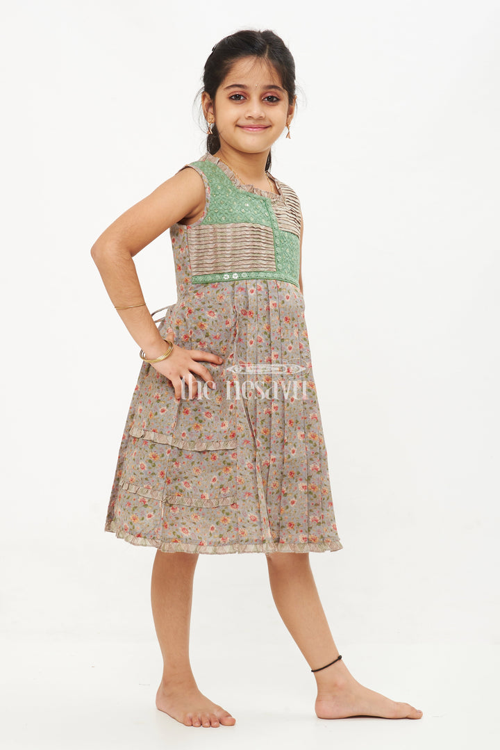 The Nesavu Girls Cotton Frock Designer Sleeveless A-Line Cotton Frock with Floral Print and Embroidered Yoke Nesavu Designer Sleeveless A-Line Cotton Frock with Floral Print and Embroidery