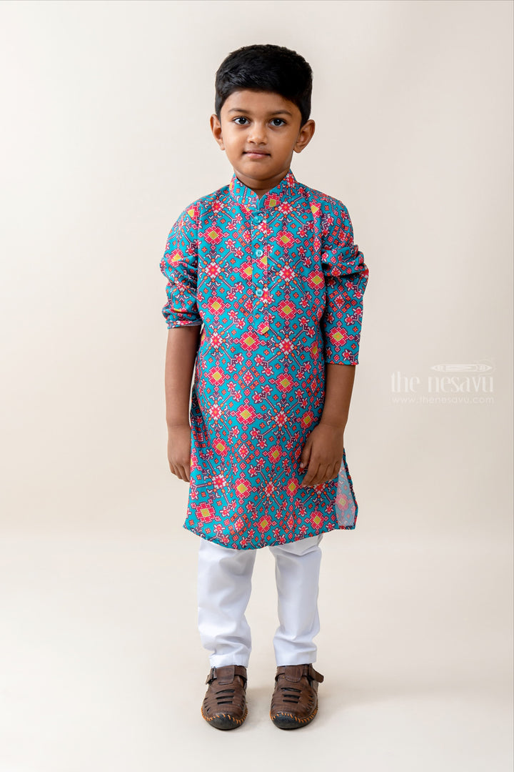 The Nesavu Ethnic Sets Diagonal Everywhere - Diamond Printed Lovely Green Shirt And White Cotton Pants psr silks Nesavu 14 (6M) / SteelBlue BES246