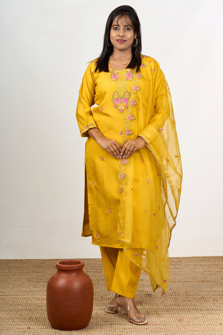 The Nesavu Womens Straight Suit Sets Diwali Function Dress in Vibrant Yellow with Floral Embroidery Womens Straight Suit Set Nesavu 38 (M) / Yellow WTH073A-38 Nesavu Diwali Function Dress Womens Straight Suit Set Blend Silk Floral Embroidery