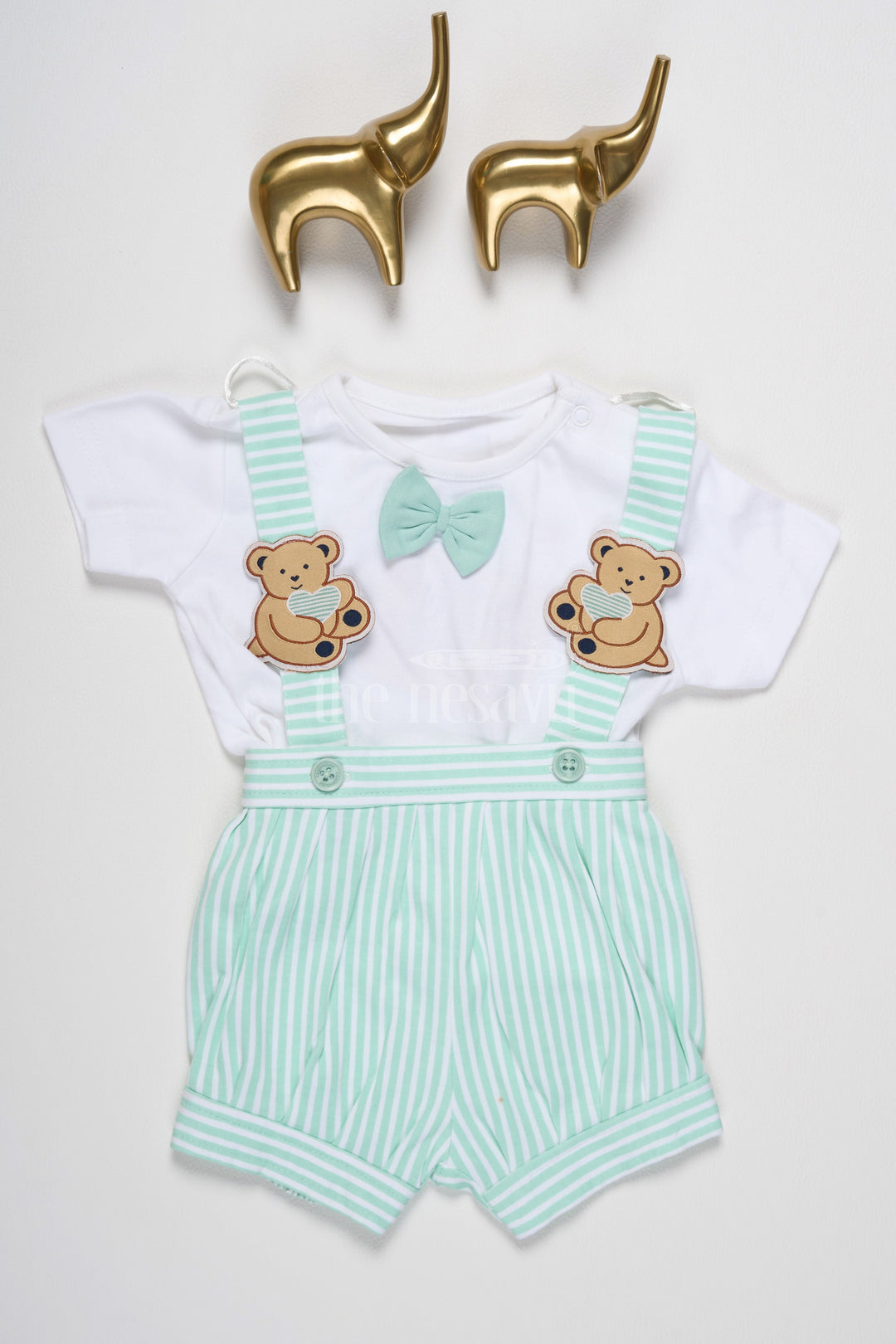 The Nesavu Baby Rompers/Onesies Dungaree Set in Turquoise with Adorable Teddy Bear Patches for Baby Nesavu 10 (NB) / Turquoise BCS048B-10 Nesavu Baby Turquoise Dungaree Set Teddy Bear Patches Casual Special Occasions