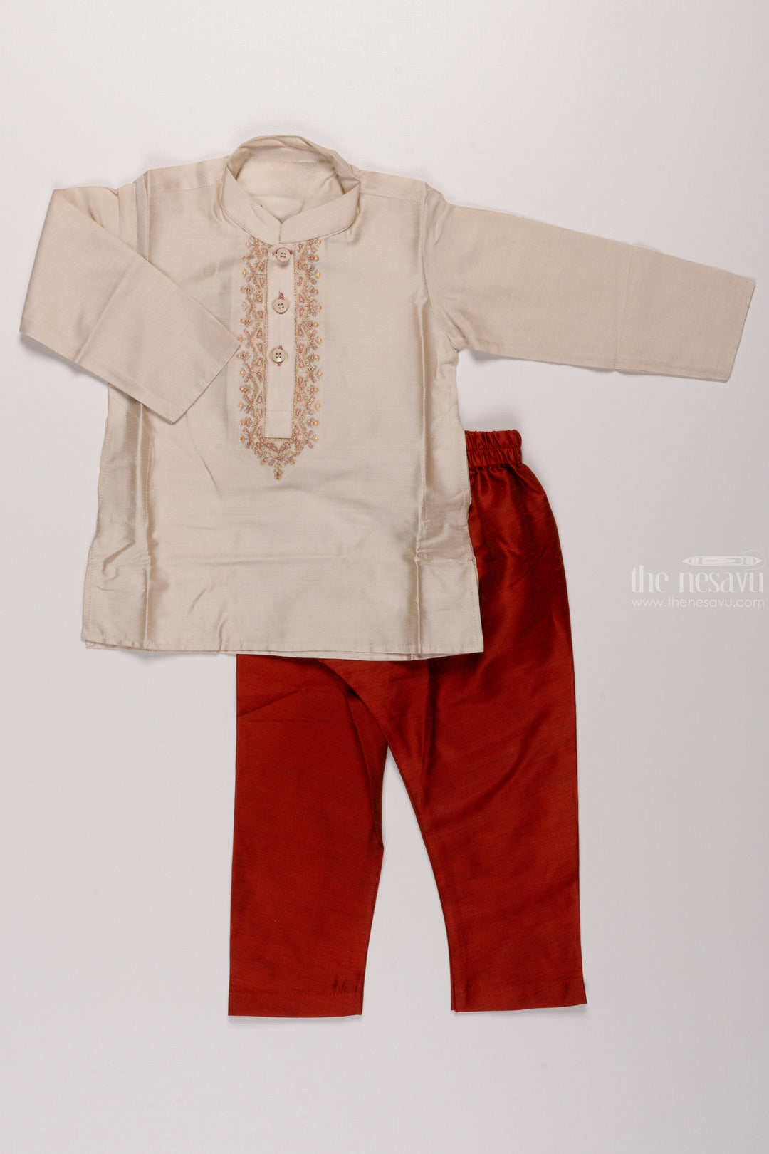 The Nesavu Boys Kurtha Set Elegance Defined: Boys Half-White Kurta with Embroidery & Maroon Pant Set Nesavu 14 (6M) / Half white / Blend Silk BES426A-14 Dapper Looks for Festive Season | Boys Kurta with Pant New Arrivals | The Nesavu