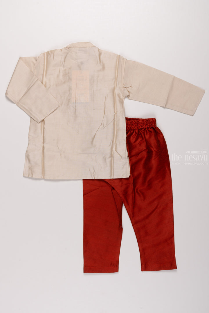 The Nesavu Boys Kurtha Set Elegance Defined: Boys Half-White Kurta with Embroidery & Maroon Pant Set Nesavu Dapper Looks for Festive Season | Boys Kurta with Pant New Arrivals | The Nesavu