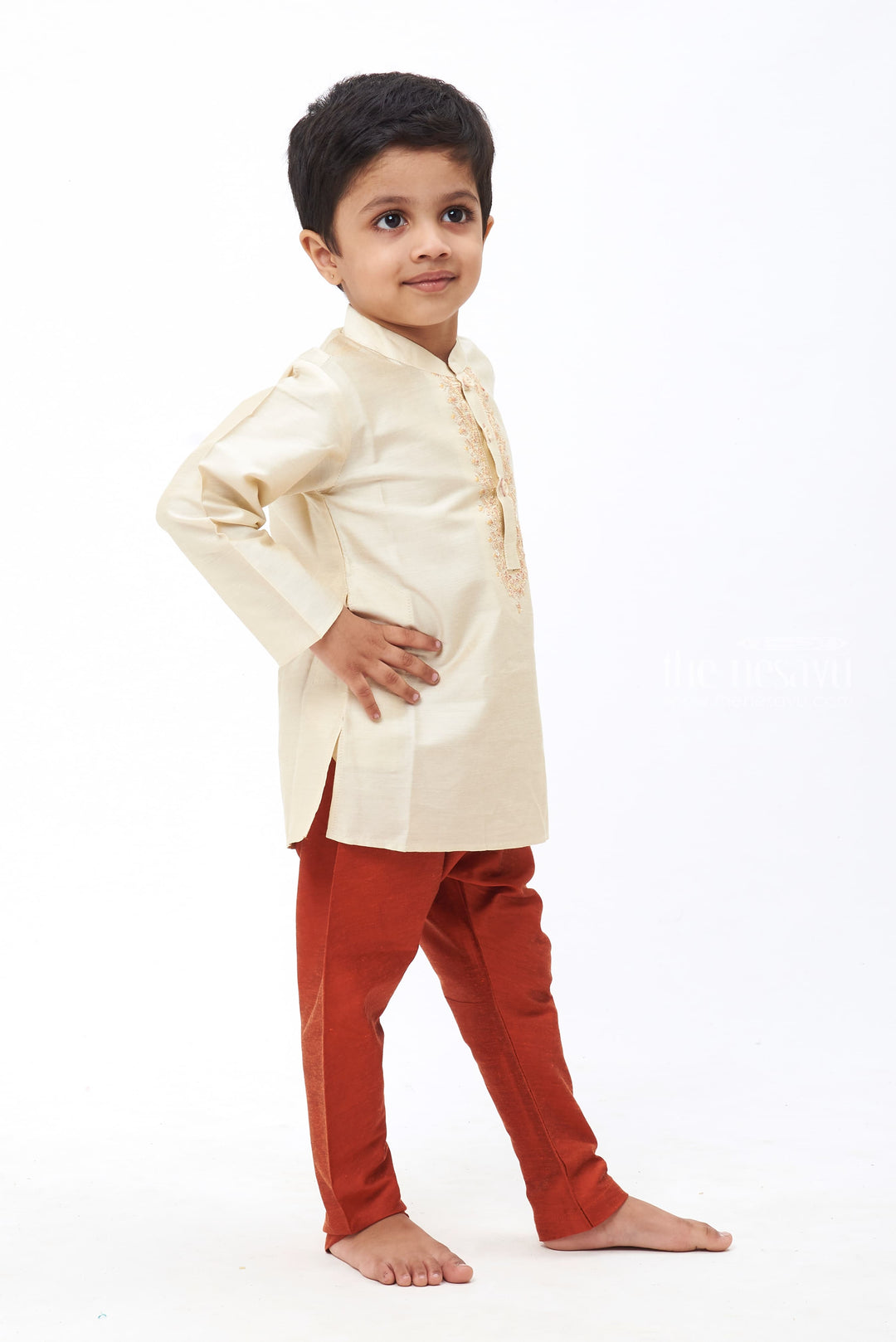 The Nesavu Boys Kurtha Set Elegance Defined: Boys Half-White Kurta with Embroidery & Maroon Pant Set Nesavu Dapper Looks for Festive Season | Boys Kurta with Pant New Arrivals | The Nesavu