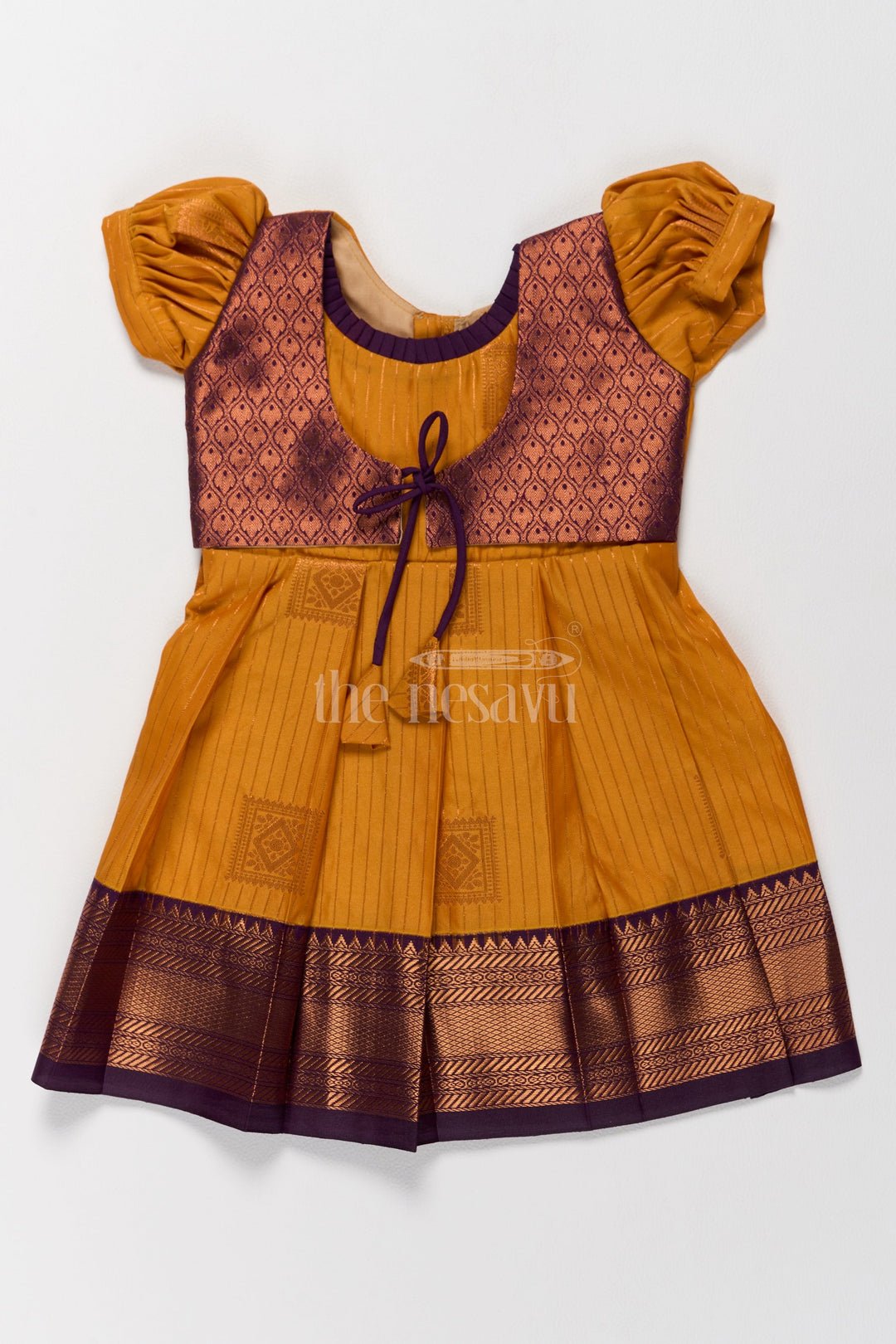 The Nesavu Girls Kanchi Silk Frock Elegant Blend Silk Pattu Frock for Girls with Traditional Zari Work and Puff Sleeves Nesavu 14 (6M) / Mustard / Style 3 SF815AC-14 Nesavu Blend Silk Pattu Frock Girls Traditional Zari Puff Sleeves