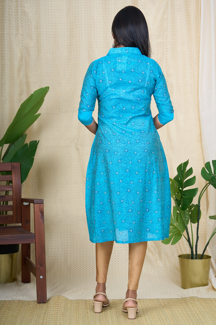 The Nesavu Womens A-Line Kurthas Elegant Blue Viscose Silk Kurti with Floral Print for Ladies Nesavu Blue Viscose Silk Kurti for Ladies | Floral Print Front-Open Kurti