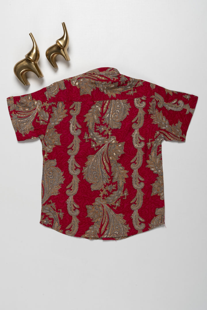 The Nesavu Boys Cotton Shirt Elegant Boys Chanderi Shirt with Rich Red and Gold Baroque Design - Perfect for Festive Occasions Nesavu Elegant Boys Chanderi Shirt with Rich Red and Gold Baroque Design | Perfect for Festive Occasions | The Nesavu