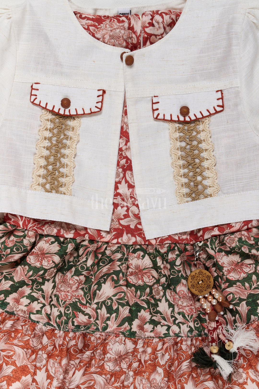 The Nesavu Girls Fancy Frock Elegant Cotton Ki Fancy Frock with Traditional Prints and Lace Details Nesavu Nesavu Elegant Cotton Ki Fancy Frock Lace Accents Embroidered Jacket