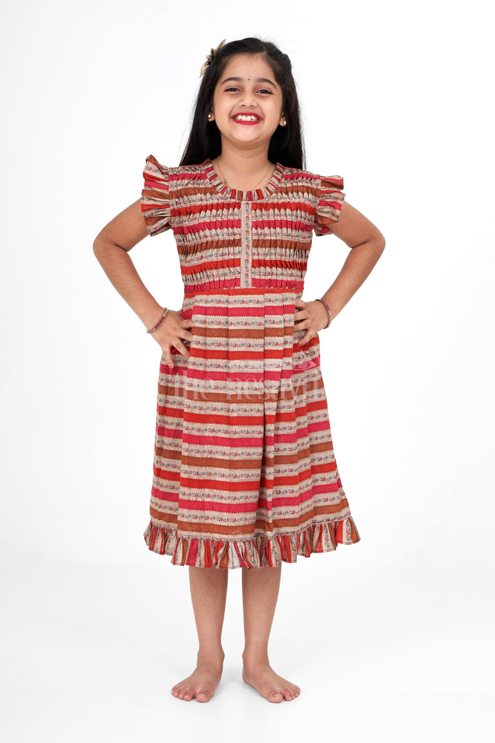 The Nesavu Girls Cotton Frock Elegant Cotton Long Frock for Ladies in Printed Chanderi with Stripes and Ruffle Hem Nesavu Nesavu Cotton Long Frock Ladies Striped Chanderi  Ideal Festive Celebrations Family Gatherings