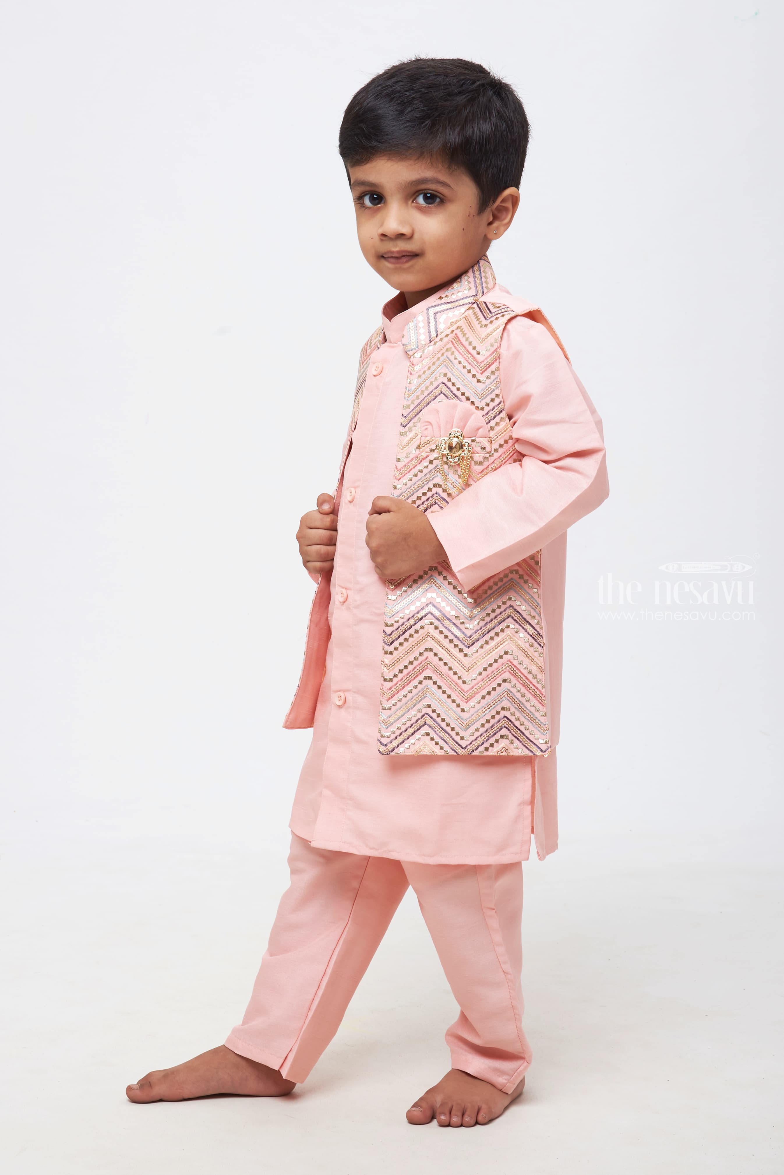 Woven Dupion Silk Kurta Jacket Set in Off White and Pink : MTX2006