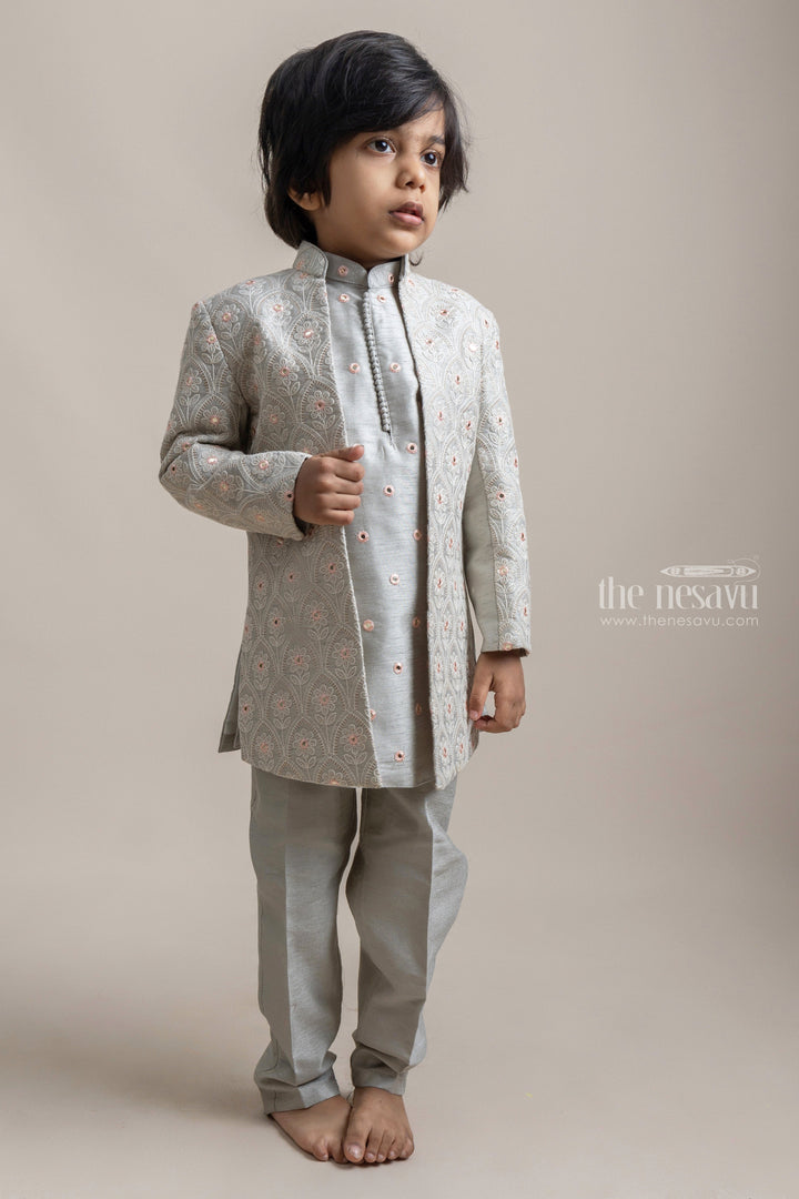 The Nesavu Boys Sherwani Elegant Ethnic Lime Green Embroidered Silk Kurta N Pant With Embellished Coat For Boys Nesavu Perfect Your Little Boy's Ethnic Look with The Nesavu | Trendy Boys Dresses | The Nesavu