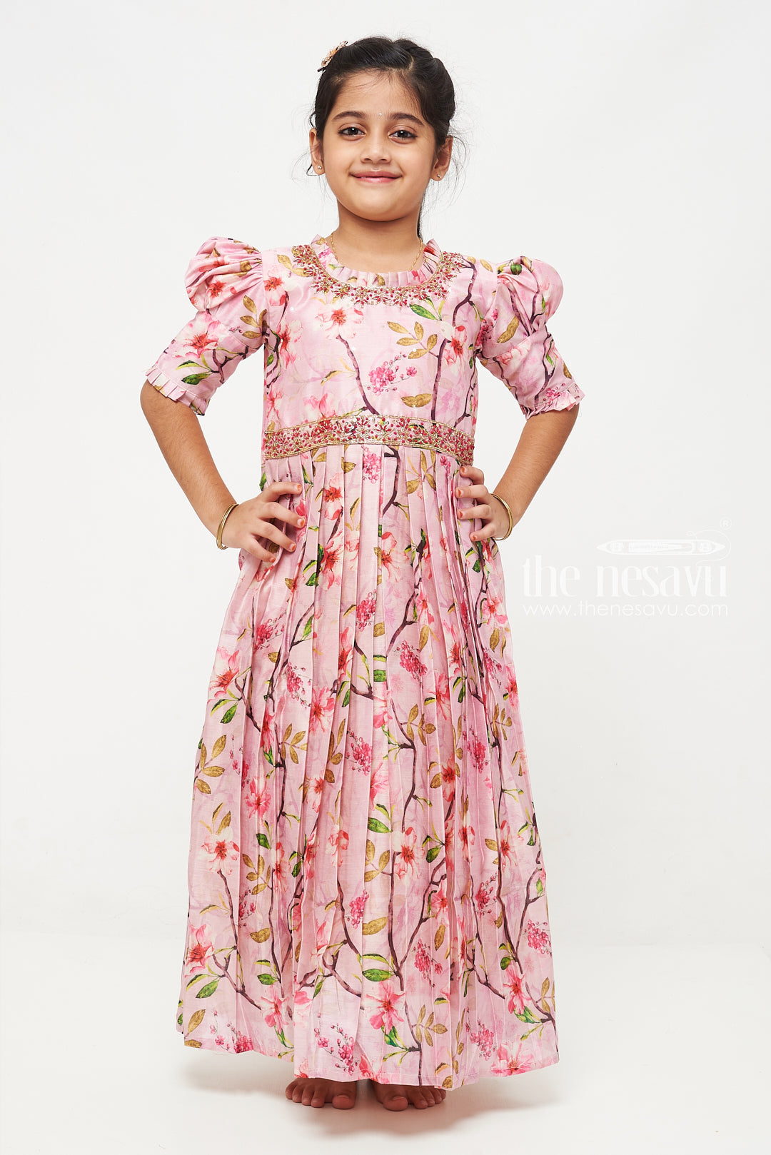 The Nesavu Girls Silk Gown Elegant Floral Anarkali Gown for Young Girls Nesavu Shop Girls Elegant Floral Anarkali Gown | Perfect for Special Occasions | The Nesavu