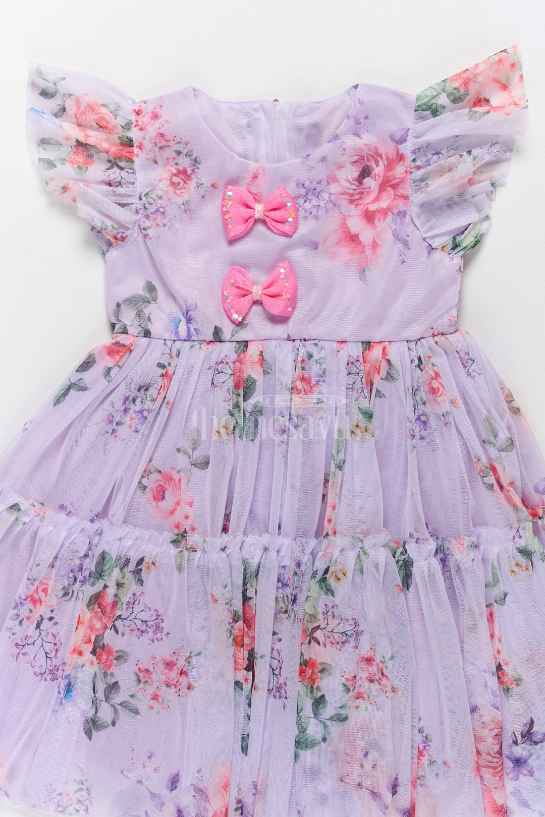 The Nesavu Girls Fancy Frock Elegant Floral Georgette Frock with Layered Ruffles and Bow Embellishments for Girls Nesavu Floral Georgette Frock Girls Nesavu - Layered Ruffles Elegant Bow Design