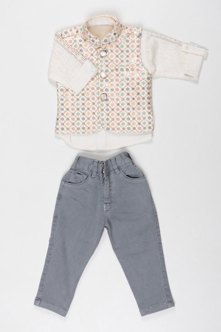 The Nesavu Boys Jacket Sets Elegant Floral Vest and Grey Trousers Ensemble for Children Nesavu Children’s Stylish Floral Vest Outfit Set | Grey Trousers  White Shirt | The Nesavu