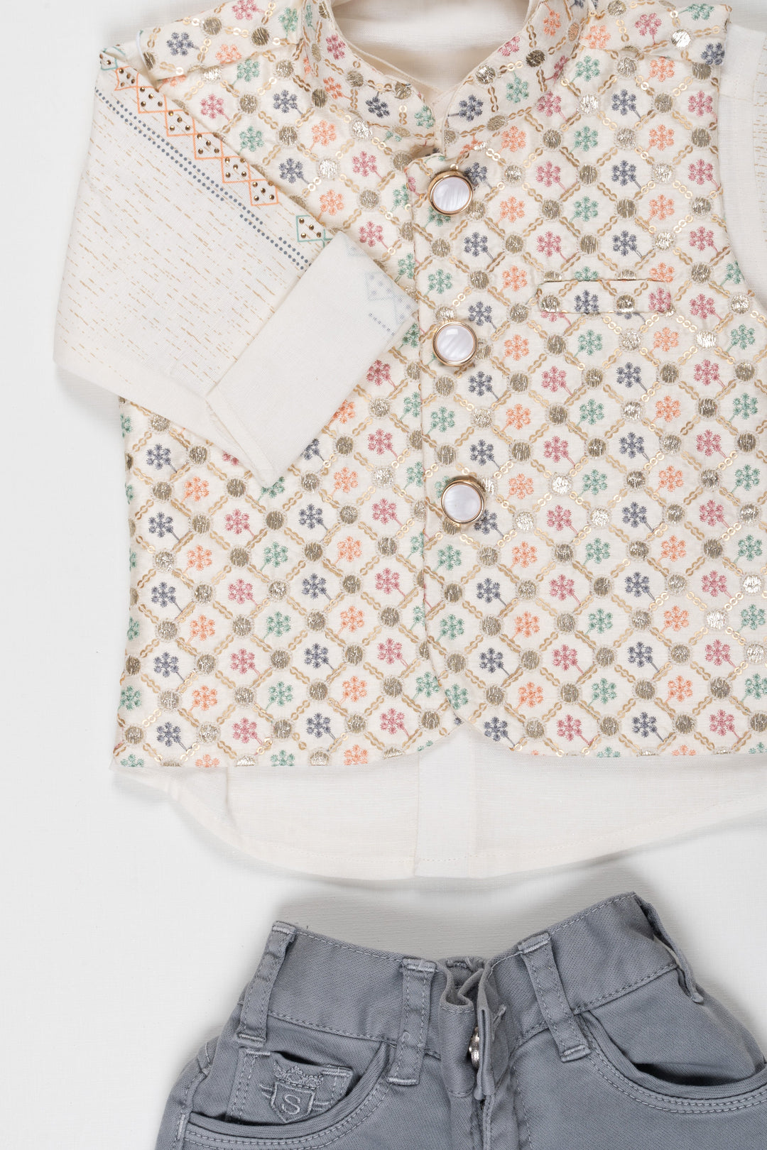 The Nesavu Boys Jacket Sets Elegant Floral Vest and Grey Trousers Ensemble for Children Nesavu Children’s Stylish Floral Vest Outfit Set | Grey Trousers  White Shirt | The Nesavu