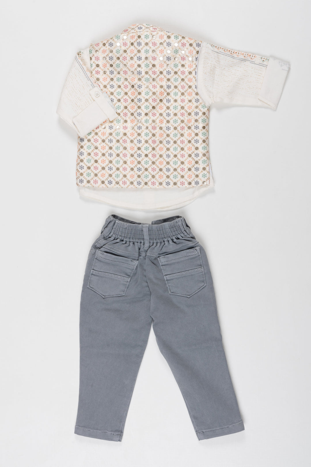 The Nesavu Boys Jacket Sets Elegant Floral Vest and Grey Trousers Ensemble for Children Nesavu Children’s Stylish Floral Vest Outfit Set | Grey Trousers  White Shirt | The Nesavu