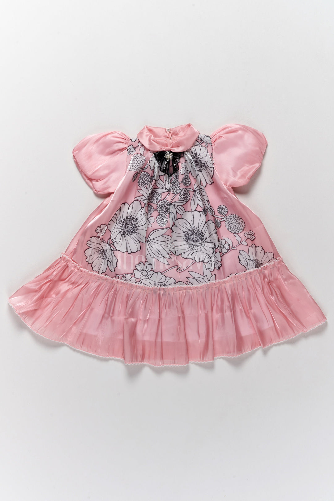 The Nesavu Girls Fancy Frock Elegant Girls Fancy Frock in Pink Georgette Fabric with Floral Print and Ruffled Hemline Nesavu 20 (3Y) / Pink GFC1532A-20 Nesavu Pink Georgette Princess Gown Floral Prints Ruffled Hem Girls