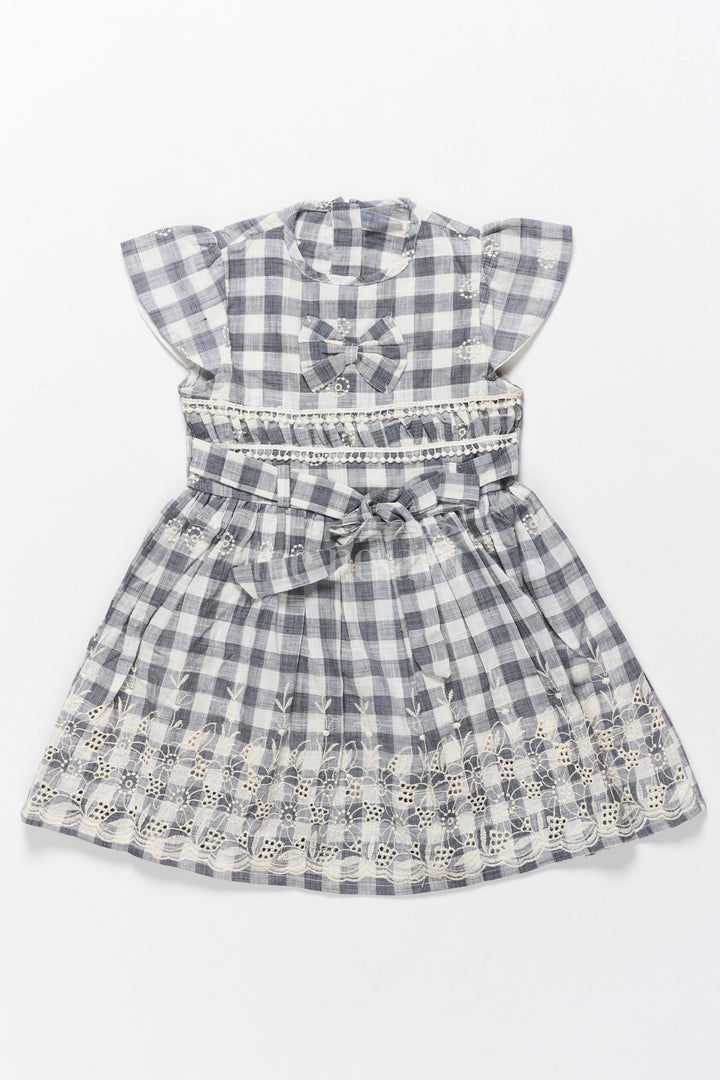 The Nesavu Girls Cotton Frock Elegant Girls Hakoba Cotton Frock with Classic Black and White Checkered Print – Cocktail and Party Frocks Nesavu 22 (4Y) / Half white GFC1484A-22 Nesavu Classic Black White Checkered Hakoba Cotton Frock Embroidery  Cocktail Party Frocks