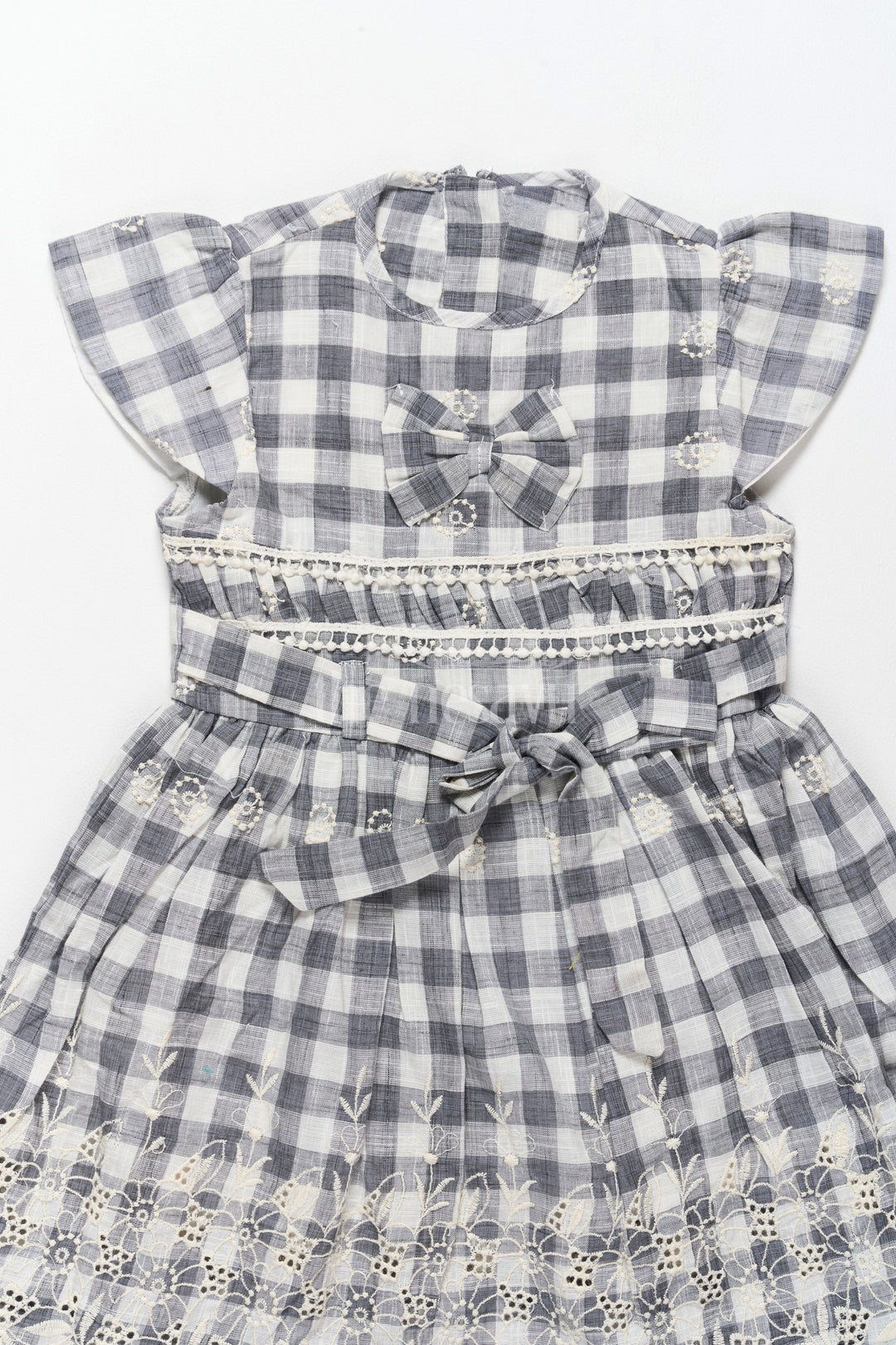 The Nesavu Girls Cotton Frock Elegant Girls Hakoba Cotton Frock with Classic Black and White Checkered Print – Cocktail and Party Frocks Nesavu Nesavu Classic Black White Checkered Hakoba Cotton Frock Embroidery  Cocktail Party Frocks