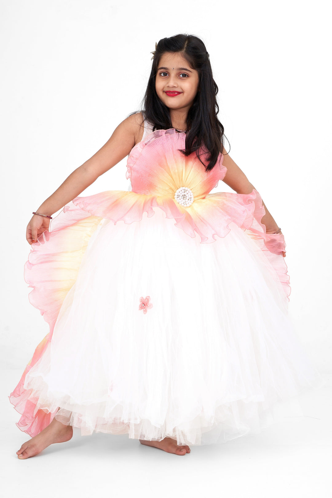 The Nesavu Silk Party Frock Elegant Girls Party Long Frock in Silk with Tulle Overlay and Butterfly Appliques Nesavu 20 (3Y) / Half white PF194A-20 Nesavu Girls Party Long Frock Silk Tulle Overlay Butterfly Appliques Birthdays