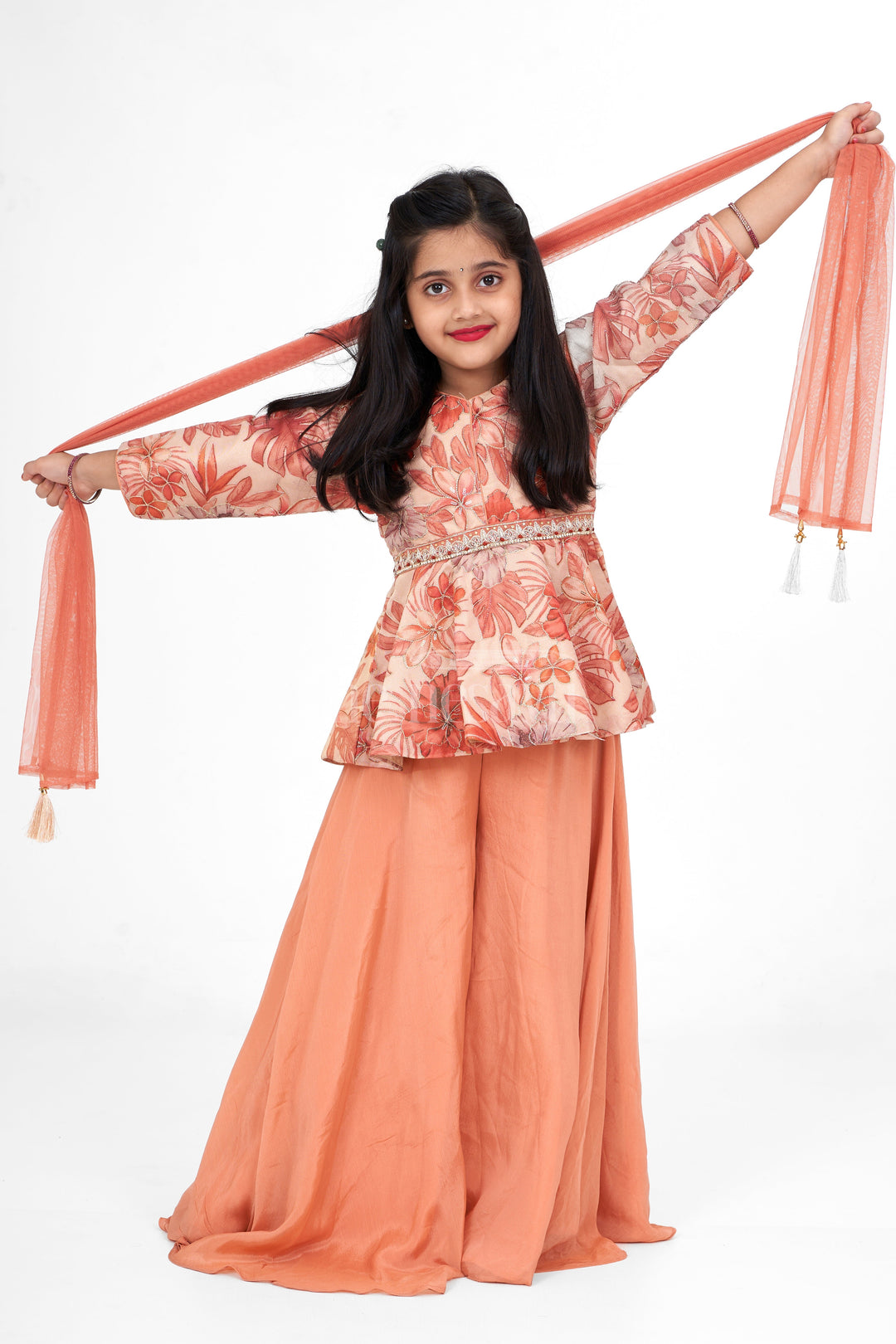 The Nesavu Girls Sharara / Plazo Set Elegant Girls Sharara for Women in Shimmer Organza with Floral Embroidery and 3/4 Sleeves, Perfect for Festive Occasions Nesavu 24 (5Y) / Peach GPS467A-24 Luxurious Girls Sharara Women Shimmer Organza Floral Embroidery Nesavu Perfect Diwali Festive Occasions