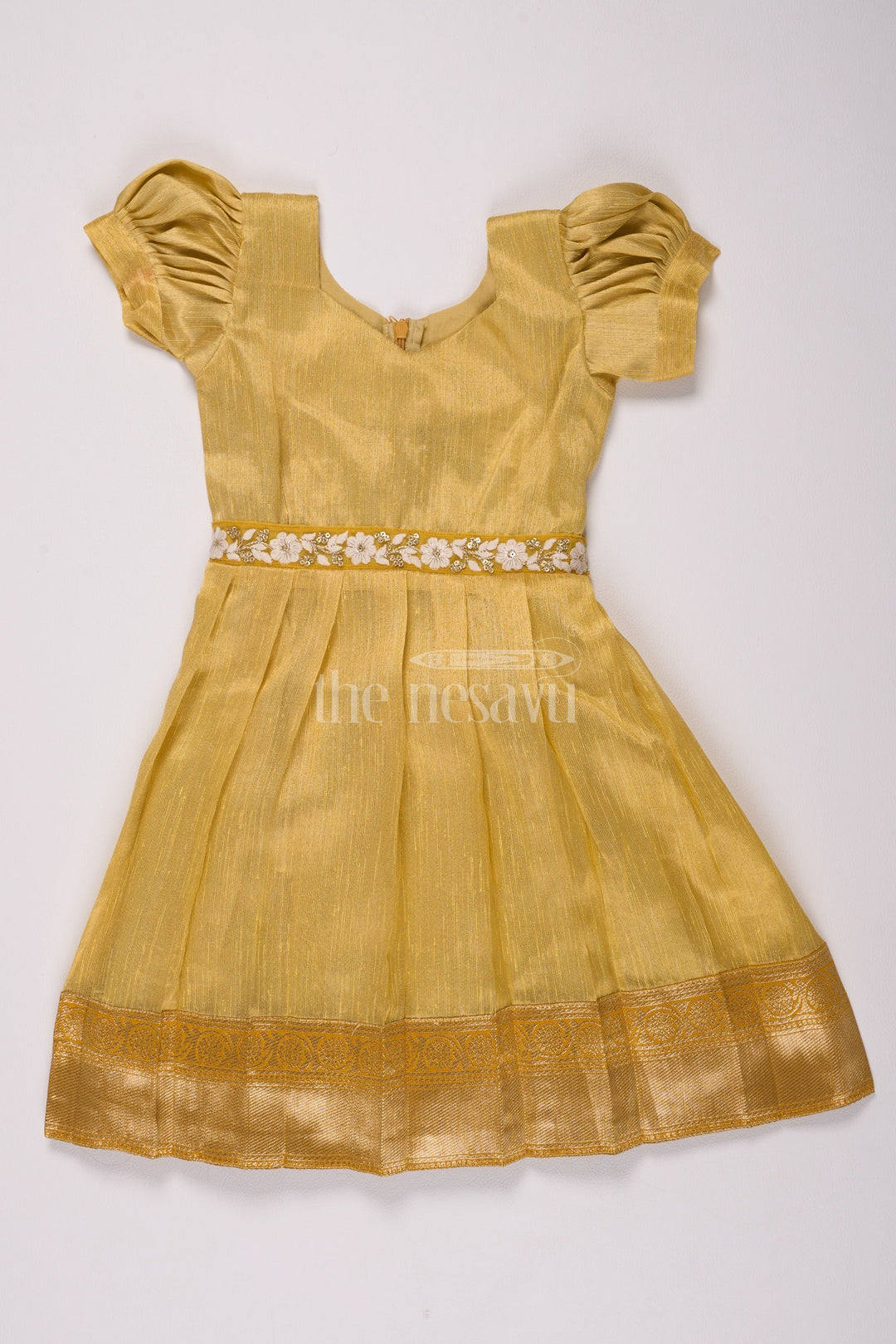 The Nesavu Silk Frock Elegant Girls Silk Dress Frock in Gold Tissue Fabric with Floral Embroidery Nesavu 22 (4Y) / Gold SF935A-22 Nesavu Girls Silk Dress Frock Shimmering Gold Tissue Fabric  Perfect Diwali Formal Celebrations