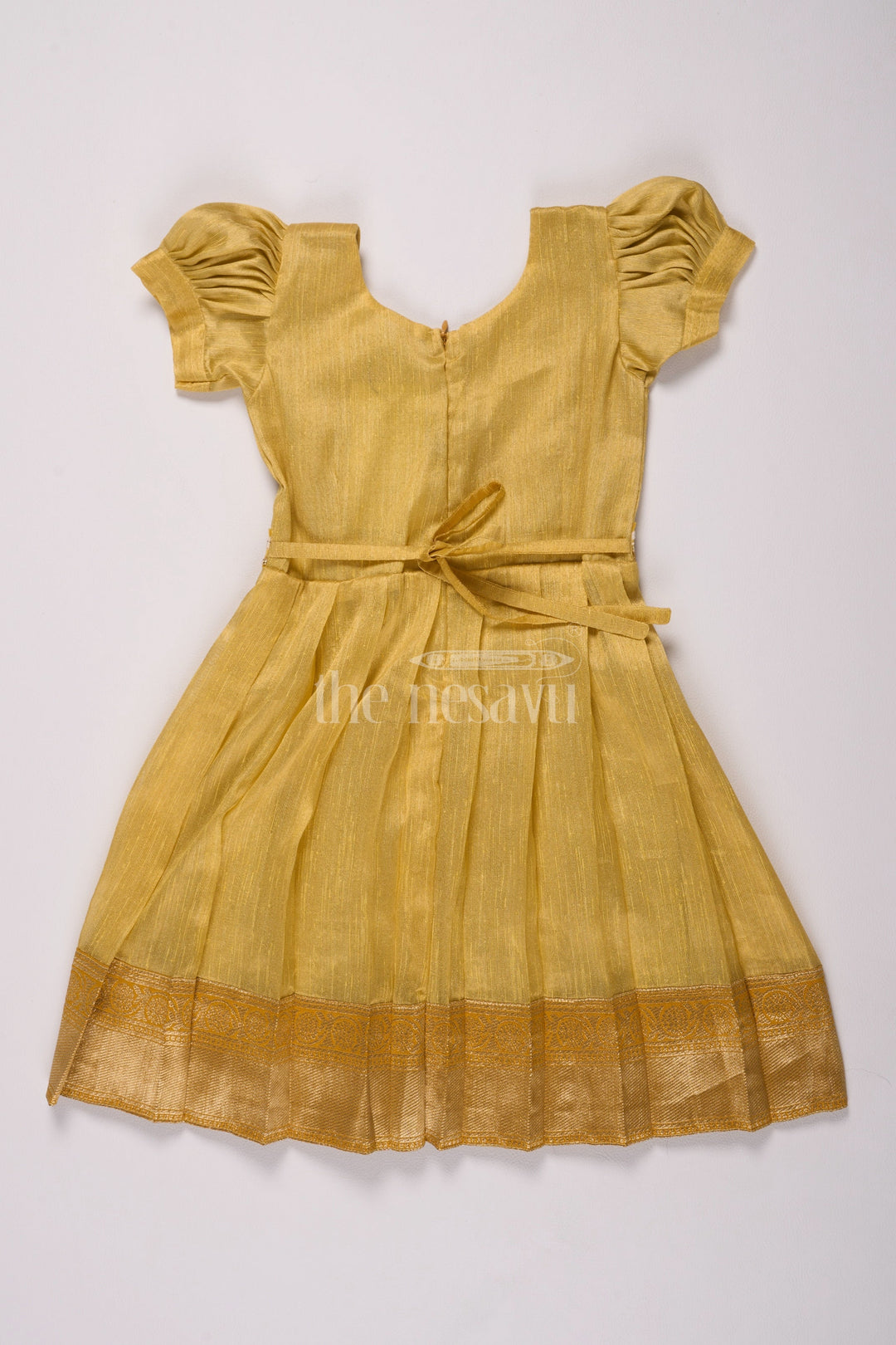 The Nesavu Silk Frock Elegant Girls Silk Dress Frock in Gold Tissue Fabric with Floral Embroidery Nesavu 22 (4Y) / Gold SF935A-22 Nesavu Girls Silk Dress Frock Shimmering Gold Tissue Fabric  Perfect Diwali Formal Celebrations